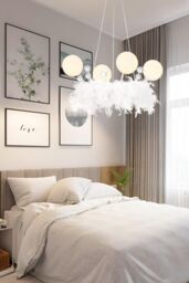 H&O Direct Unique Feather LED Chandelier Pendant Light with Balls in White - thumbnail 2