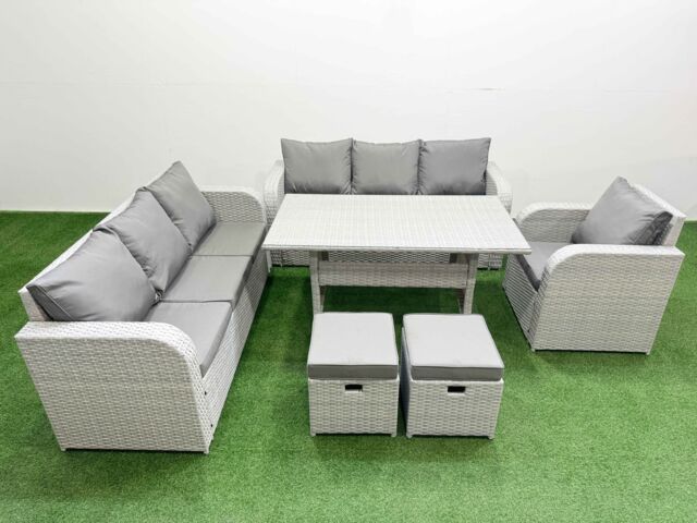 Fimous 9 Seater Poly Rattan Outdoor Garden Furniture Rectangular Dining Table Sofa Set Patio 3 Seater Sofa Reclining Chair 3 Seater Sofa Stools Light - image 1