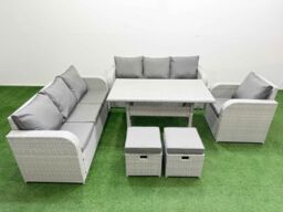 Fimous 9 Seater Poly Rattan Outdoor Garden Furniture Rectangular Dining Table Sofa Set Patio 3 Seater Sofa Reclining Chair 3 Seater Sofa Stools Light - thumbnail 1