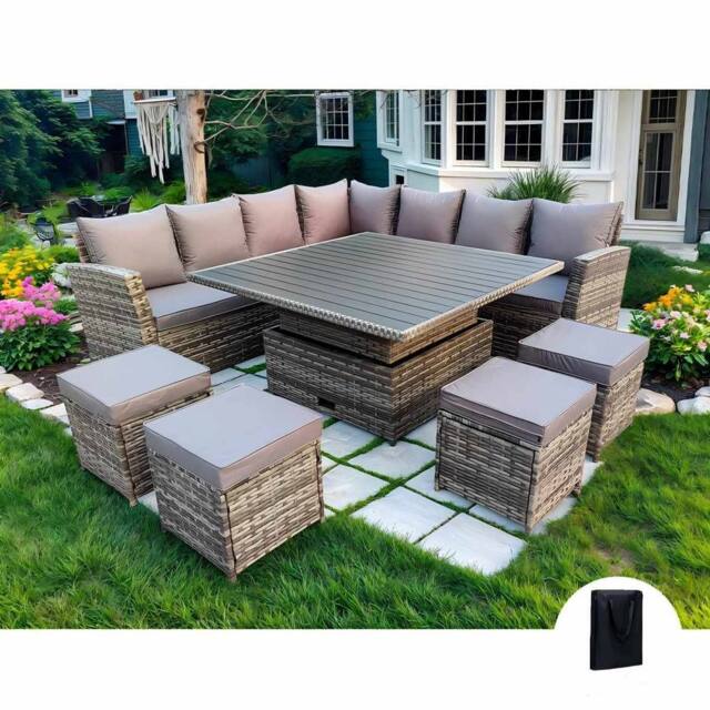 Furniture Maxi Rosen 11 Seater Rattan Garden Furniture Corner Sofa Cube Set With Aluminum Lift-up Table in Grey - image 1
