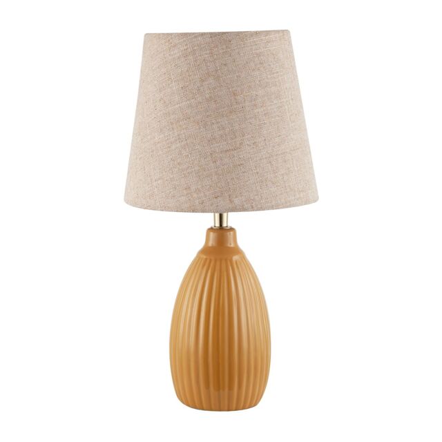 Happy Homewares Mustard Etched Lined Ceramic Gloss Table Lamp with Linen Fabric Shade - image 1