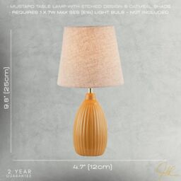 Happy Homewares Mustard Etched Lined Ceramic Gloss Table Lamp with Linen Fabric Shade - thumbnail 7