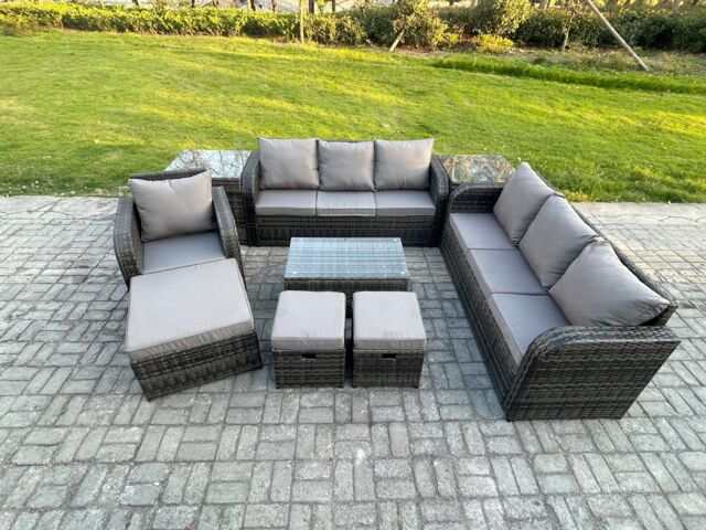 Fimous 10 Seater Rattan Lounge Sofa Set Outdoor Garden Furniture Set with Rectangular Coffee Table 3 Seater Sofa 3 Footstools 2 Side Tables - image 1