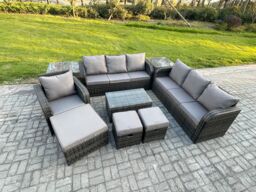 Fimous 10 Seater Rattan Lounge Sofa Set Outdoor Garden Furniture Set with Rectangular Coffee Table 3 Seater Sofa 3 Footstools 2 Side Tables - thumbnail 2