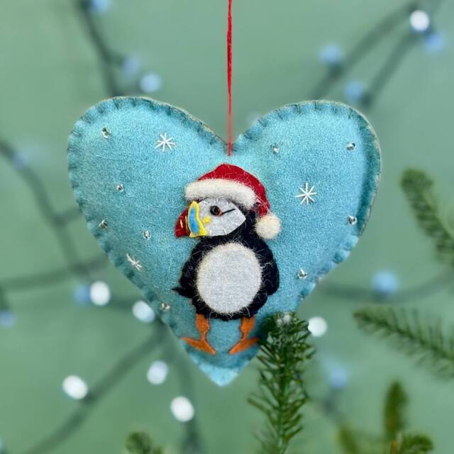 The Alphabet Gift Shop Felt Fabric Christmas Puffin Bauble in Red