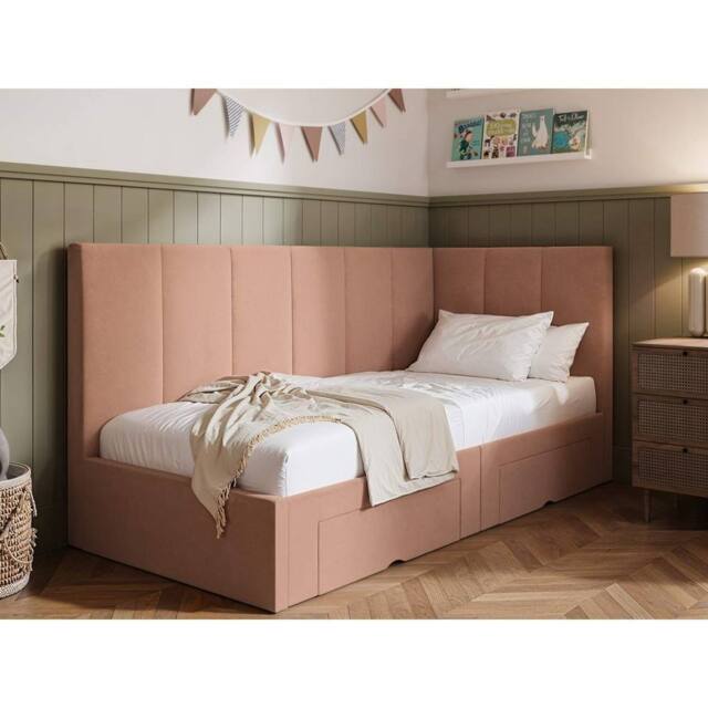 Flair Harley Corner Fabric Bed Frame with Storage Drawers in Pink - Size: Single - image 1