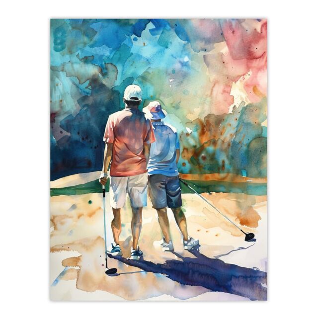 "Artery8 Two Golfer Friends in Bunker Watercolour Golf Sun Wall Art Print in Blue - Size: W18"" x H24""" - image 1