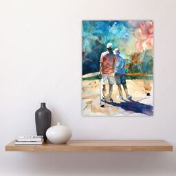 "Artery8 Two Golfer Friends in Bunker Watercolour Golf Sun Wall Art Print in Blue - Size: W18"" x H24""" - thumbnail 4