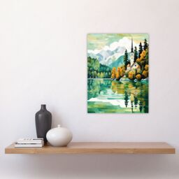 Artery8 Lake Bled Artwork Orange Green 17th Century Church On Slovenia Island Reflecting On Turquoise Water Unframed Wall Art Print Poster Home Decor - thumbnail 4