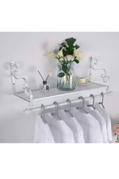 Living and Home 28 x 60cm Wall Mounted Metal Clothes Garment Rack Shop Display Shelf with Holder in White - Size: 28 x 60 cm - thumbnail 1