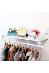 Living and Home 28 x 60cm Wall Mounted Metal Clothes Garment Rack Shop Display Shelf with Holder in White - Size: 28 x 60 cm - thumbnail 4