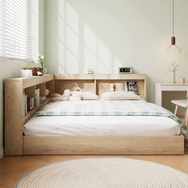 Merax 4ft6 Double Oak Wooden Cabin Bed Frame with Corner Storage Bookshelf in Light Oak - image 1