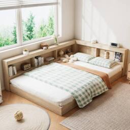 Merax 4ft6 Double Oak Wooden Cabin Bed Frame with Corner Storage Bookshelf in Light Oak - thumbnail 3