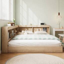 Merax 4ft6 Double Oak Wooden Cabin Bed Frame with Corner Storage Bookshelf in Light Oak