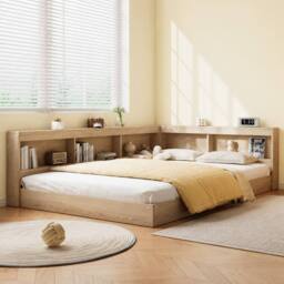 Merax 4ft6 Double Oak Wooden Cabin Bed Frame with Corner Storage Bookshelf in Light Oak - thumbnail 4