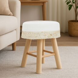 Orsina Durable White Cotton Rope Stool, Stylish Kitchen Stool For Bedroom, Versatile Design Bar Stool For Guests in Grey