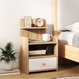 HOMCOM Bedside Table with Drawer for Bedroom, Living Room, Natural Wood Effect in Natural White