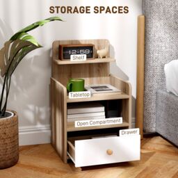 HOMCOM Bedside Table with Drawer for Bedroom, Living Room, Natural Wood Effect in Natural White - thumbnail 4