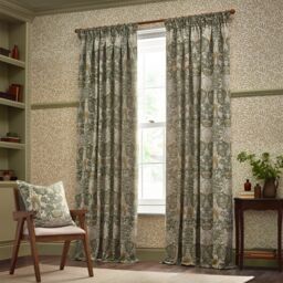 Morris & Co Snakeshead Jacquard Chenille Room Darkening Pencil Pleat Curtains in Stone - Size: 168 cm width x 137 cm drop - thumbnail 2