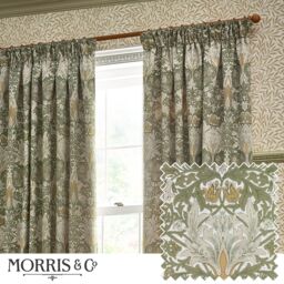 Morris & Co Snakeshead Jacquard Chenille Room Darkening Pencil Pleat Curtains in Stone - Size: 168 cm width x 137 cm drop - thumbnail 1