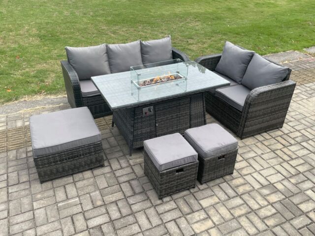 Fimous Garden Patio Furniture Wicker Rattan Gas Fire Pit Table & Sofa Chair set with 3 Footstools Dark Grey Mixed - image 1