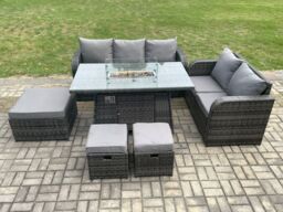 Fimous Garden Patio Furniture Wicker Rattan Gas Fire Pit Table & Sofa Chair set with 3 Footstools Dark Grey Mixed - thumbnail 3