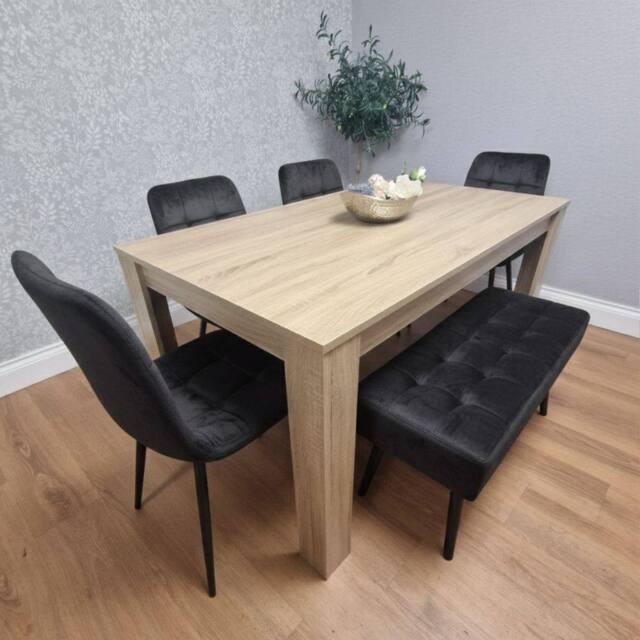 KOSY KOALA Modern Oak Table with 4 Black Velvet Chairs & a Black Velvet Benche - image 1