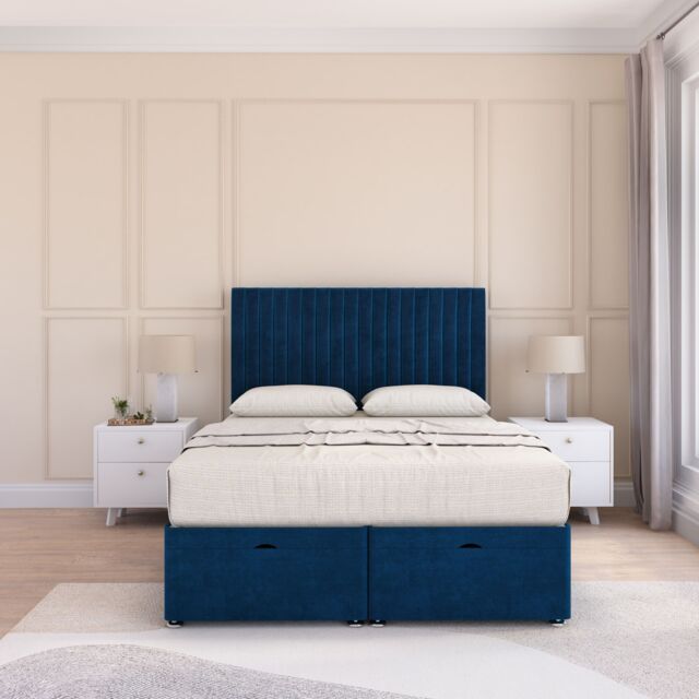 Sloomy Manhattan Plush Fabric Ottoman Bed End Opening With Sprung Memory Mattress & 26 Inch Headboard in Navy - Size: Small Single - image 1