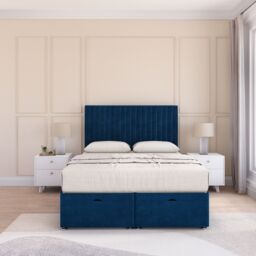 Sloomy Manhattan Plush Fabric Ottoman Bed End Opening With Sprung Memory Mattress & 26 Inch Headboard in Navy - Size: Small Single - thumbnail 1