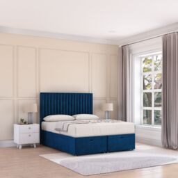 Sloomy Manhattan Plush Fabric Ottoman Bed End Opening With Sprung Memory Mattress & 26 Inch Headboard in Navy - Size: Small Single - thumbnail 3