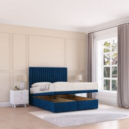 Sloomy Manhattan Plush Fabric Ottoman Bed End Opening With Sprung Memory Mattress & 26 Inch Headboard in Navy - Size: Small Single - thumbnail 2