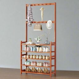 Modcraft Large Wooden Hat & Coat Stand with 5 Tiers & Shoe Rack in Brown - thumbnail 1