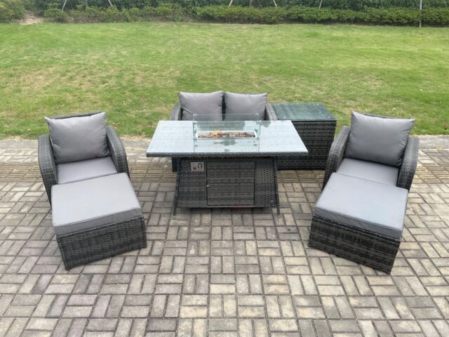 Fimous Rattan Garden Furniture Set Outdoor Patio Gas Fire Pit Dining Table & Chairs with Love seat Sofa in Dark Grey - image 1