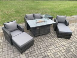 Fimous Rattan Garden Furniture Set Outdoor Patio Gas Fire Pit Dining Table & Chairs with Love seat Sofa in Dark Grey - thumbnail 3