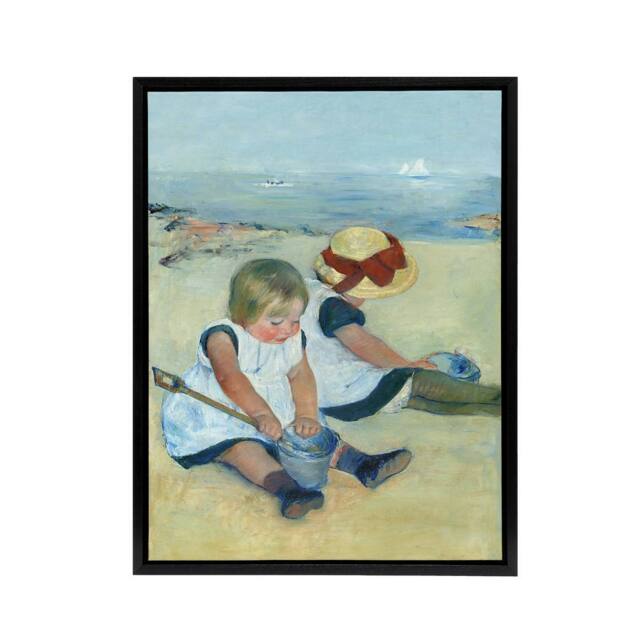 "Artery8 Children Playing on the Beach Cassatt Vintage Framed Canvas Wall Art - Size: W12"" x H16""" - image 1