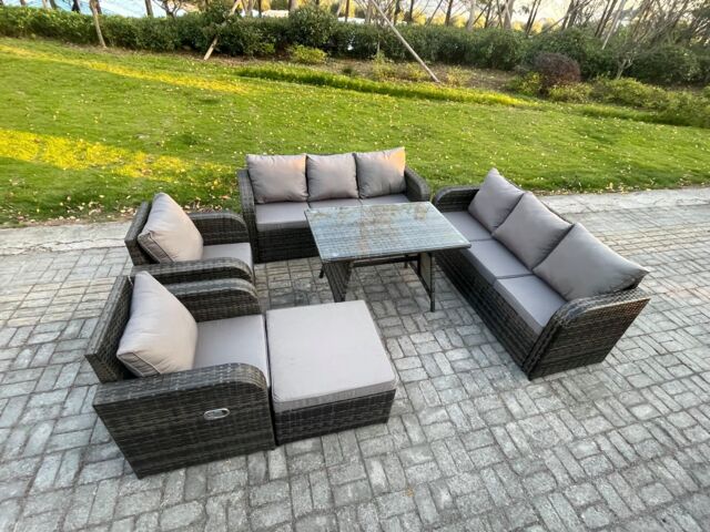 Fimous 9 Seater Rattan Outdoor Garden Furniture Sofa Set Patio Table & Chairs Set with 3 Seater Sofa Rectangular Dining Table in Dark Grey - image 1