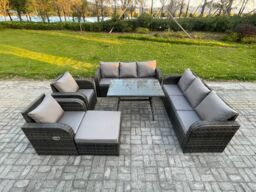 Fimous 9 Seater Rattan Outdoor Garden Furniture Sofa Set Patio Table & Chairs Set with 3 Seater Sofa Rectangular Dining Table in Dark Grey - thumbnail 2