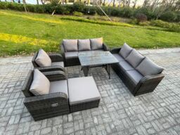 Fimous 9 Seater Rattan Outdoor Garden Furniture Sofa Set Patio Table & Chairs Set with 3 Seater Sofa Rectangular Dining Table in Dark Grey - thumbnail 1