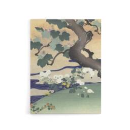 "Artery8 Tree & Chrysanthemums Canvas Wall Art Print Kogyo Tsukioka in Green - Size: W18"" x H24""" - thumbnail 1