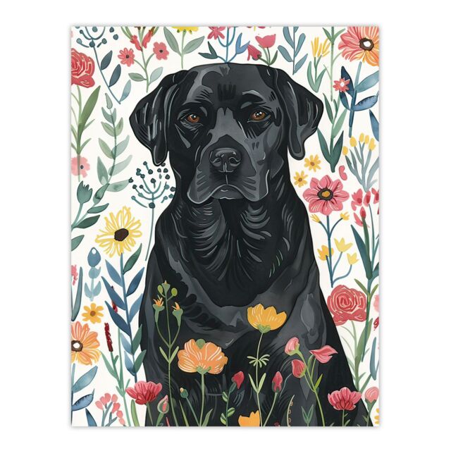 "Artery8 Dog Lover Black Labrador in Wildflower Field Wall Art Print - Size: W24"" x H32""" - image 1