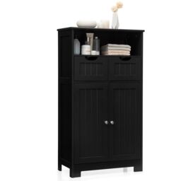 Costway Bathroom Floor Cabinet Wooden Storage Cupboard with Adjustable Shelf & Doors in Black