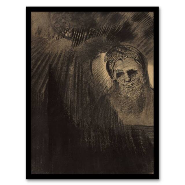 Artery8 Odilon Redon Framed Wall Art Print Apparition Eerie Charcoal Painting in Grey - Size: A4 - image 1