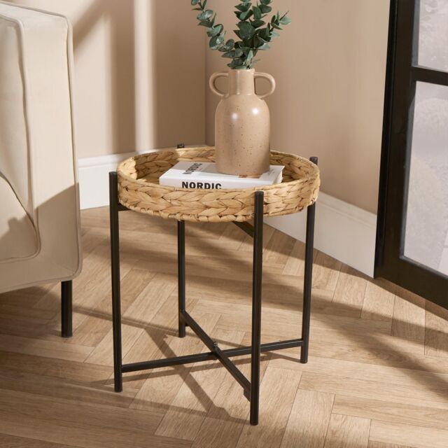 OHS Rattan Top Tray Table Living Room Modern Home Decor Bedroom Nightstand Furniture in Black - image 1