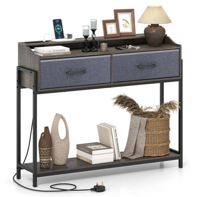 Costway Console Table w/Charging Station & Shelves 110cm Narrow Entryway Table in Grey - image 1
