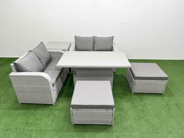 Fimous 6 Seater Outdoor Love Sofa Set Rattan Garden Furniture Set with Adjustable Lifting Dining or Coffee Table 2 Footstool Side Table Light Grey - image 1