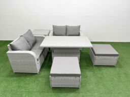 Fimous 6 Seater Outdoor Love Sofa Set Rattan Garden Furniture Set with Adjustable Lifting Dining or Coffee Table 2 Footstool Side Table Light Grey - thumbnail 1