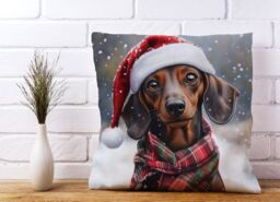 Warren Reed - Designer Christmas Dachschund Cushion in Brown - Size: 60 cm x 60 cm - thumbnail 2