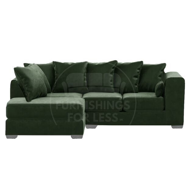 Furnishings For Less UK Ella Boxed Arm Plush Velvet 3 to 4 Seater L Shaped Corner Sofa Grey Left Hand Facing in Green