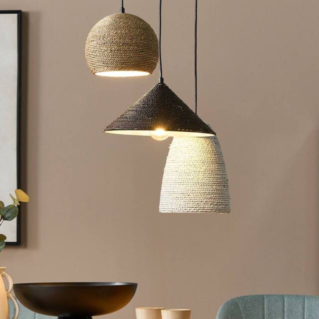 Wyld and Coco Multicolour Boho Pendant Lamp - Iron Frame with Straw Rope 3-Light in White - image 1