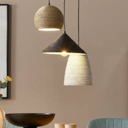 Wyld and Coco Multicolour Boho Pendant Lamp - Iron Frame with Straw Rope 3-Light in White - thumbnail 1